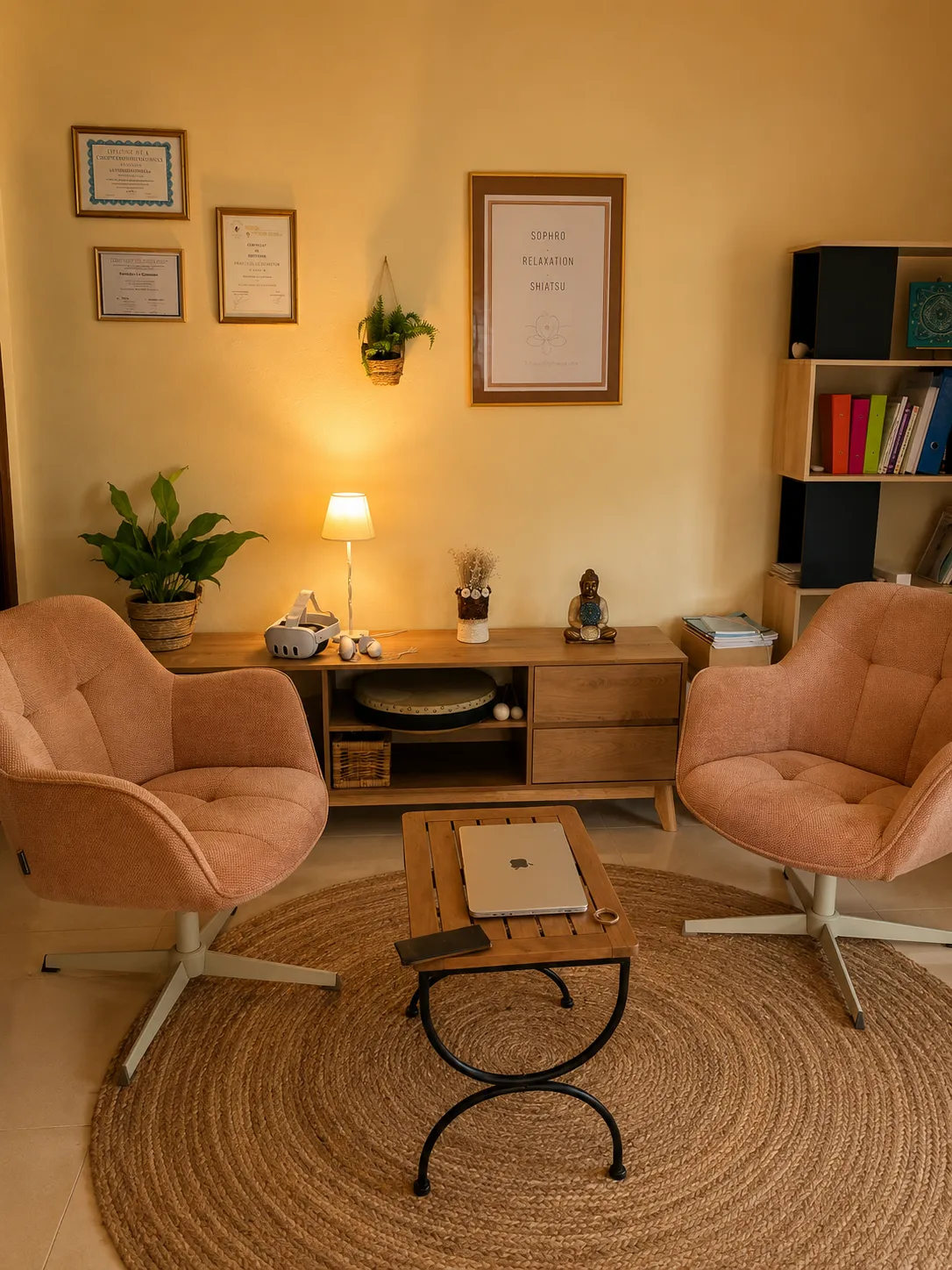 Le cabinet de Nathalie : fauteuils roses, lampe, bibliothèque et diplômes au mur