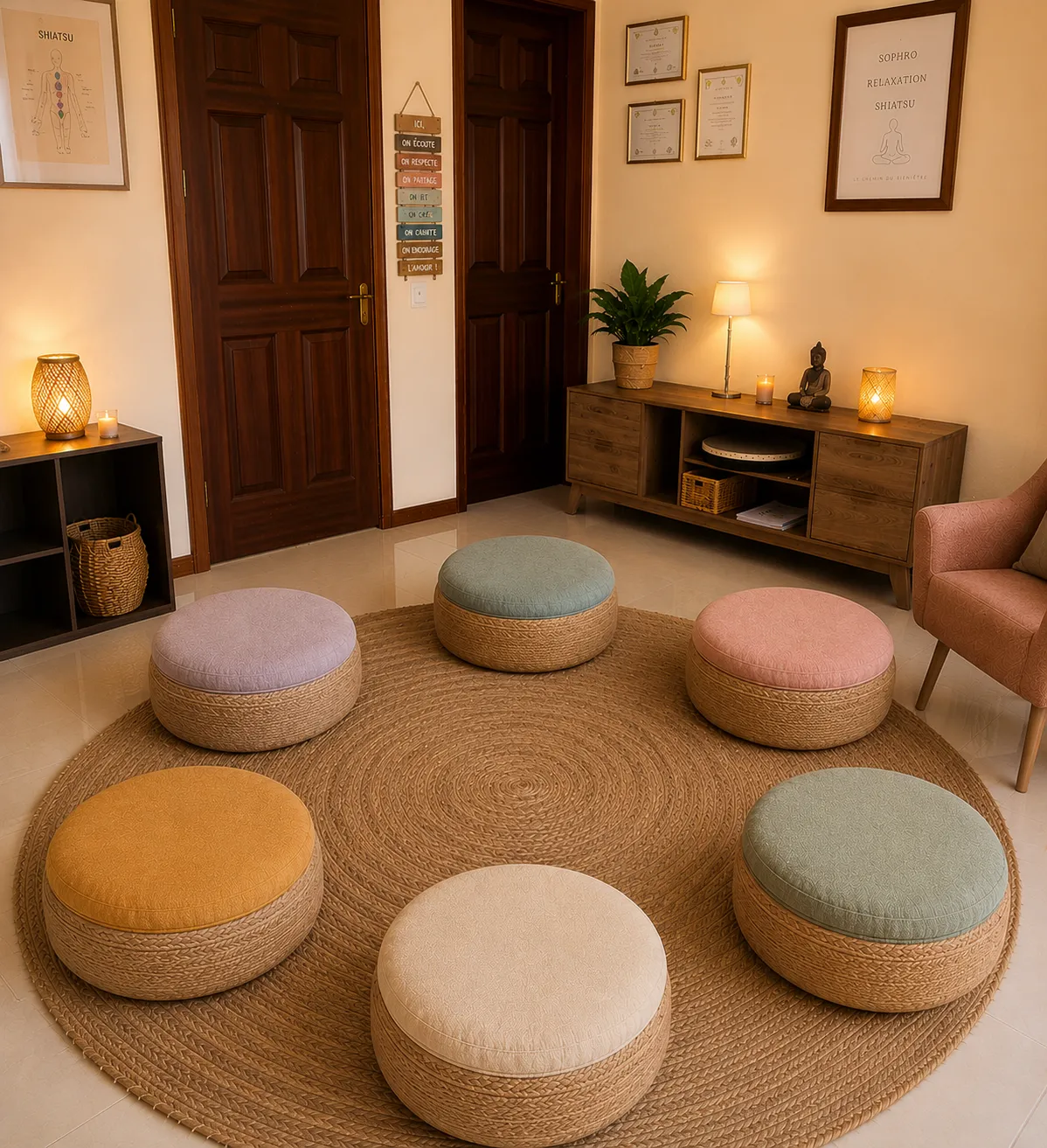 L’espace du Club : des poufs colorés disposés en cercle sur un tapis rond